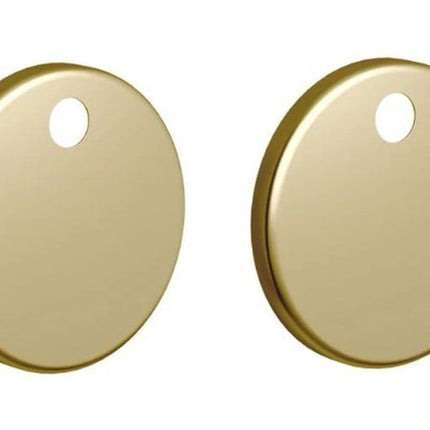 Pair of gold round seat hinge covers on a white background