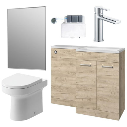 Bathroom furniture set with vanity, mirror, and toilet on a white background