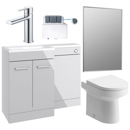 Bathroom furniture set with vanity, mirror, and toilet on a white background