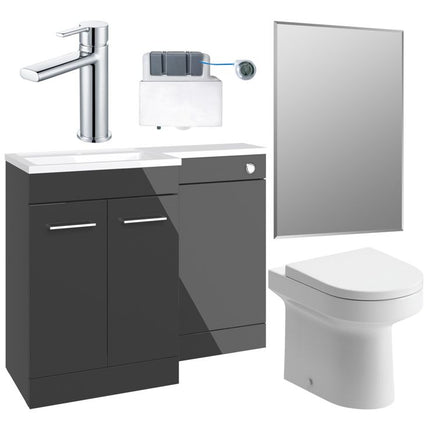 Bathroom furniture set with gray vanity, white toilet, and mirror on a white background