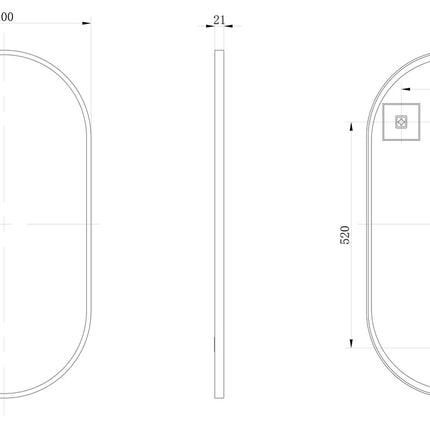 Technical drawing of a rectangular object with dimensions