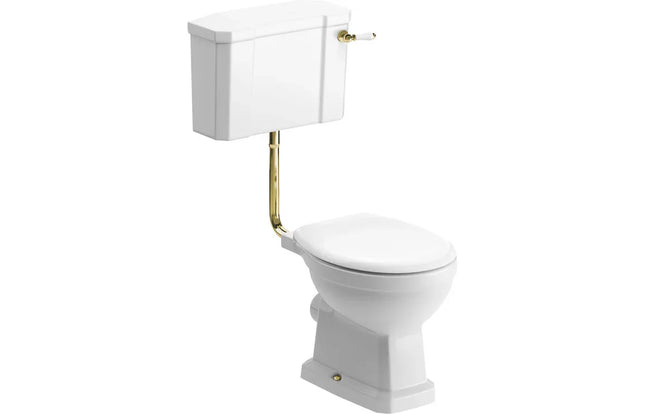 Traditional Low Level WC with Soft Close Seat - White | Lever Flush | Lifetime Guarantee Brushed Brass