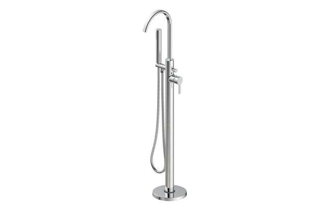 Chrome freestanding bathtub faucet on a white background