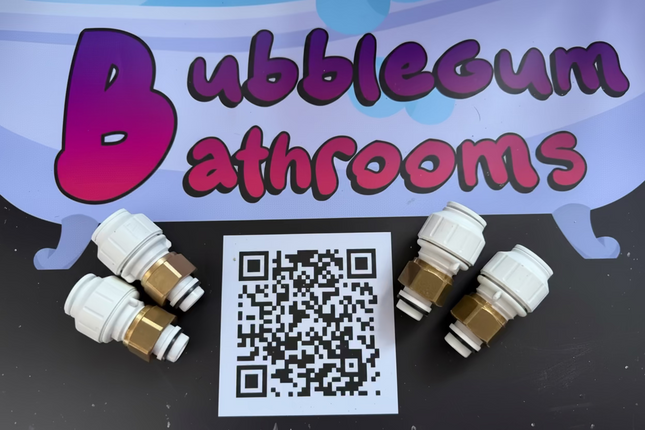 Plumbing connectors with a QR code on a black surface, next to 'Bubblegum Bathrooms' branding.