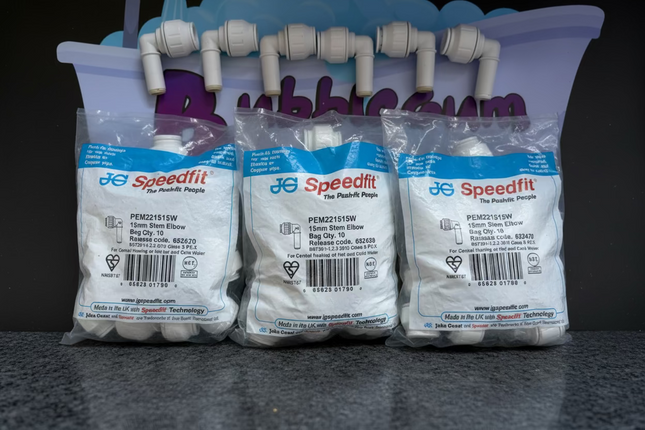 Speedfit plumbing fittings in packaging on a white background