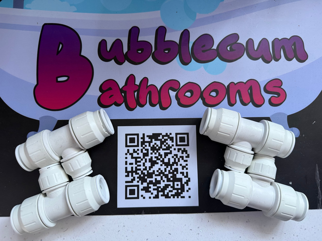 White plastic pipes with a QR code and 'Bubblegum Bathrooms' branding on a colorful background.