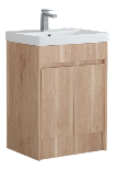 Wooden vanity unit with a sink on a white background
