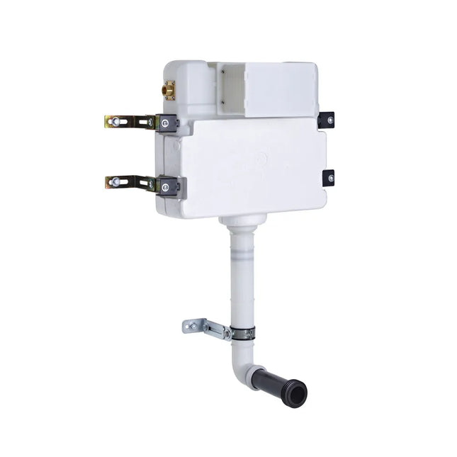 A white wall-mounted toilet fill valve and pressure compensator pipe assembly with black and brass components, shown against a plain white background.