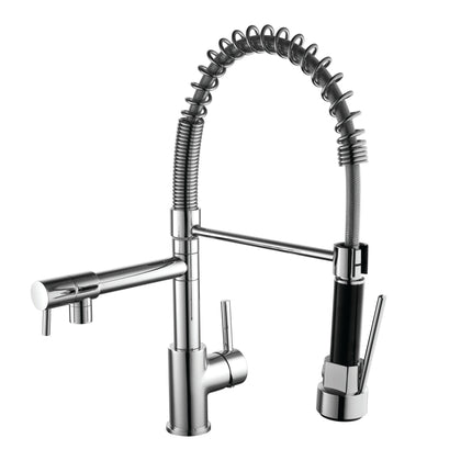 A modern kitchen faucet with a polished chrome body, featuring a flexible coiled spring neck, a side spout with a white lever, and a separate chrome pull handle on a solid white background.