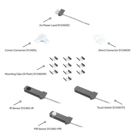 Modex Intra Accessories – Power Leads, Connectors, Sensors & Mounting Clips for 24V LED Strip