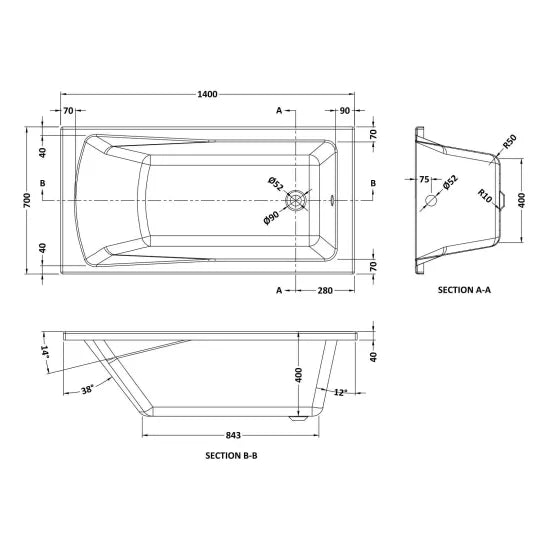 Nuie Lintone Square Straight Bath — Single Ended | 6 Sizes | European White Acrylic | Leg Set Included
