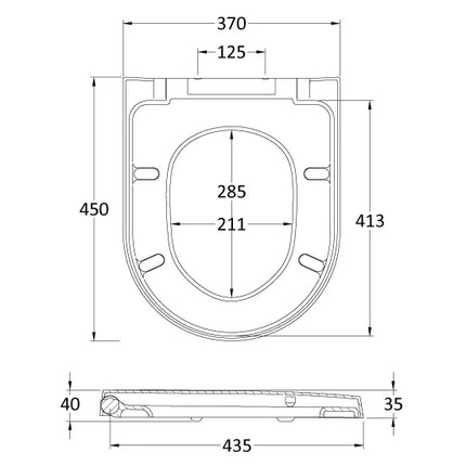 Technical drawing of a toilet seat with dimensions