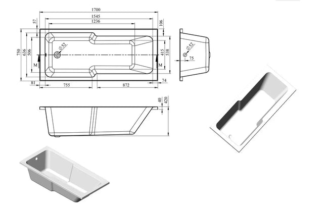 Opla Straight 1700x750x550mm 0TH "C" Shower Bath w/Legs