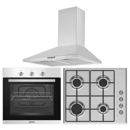 Prima Kitchen Appliance Pack - Built-In Oven, Gas Hob & Chimney Hood - Stainless Steel