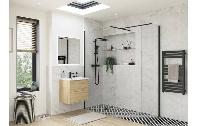 iKon Wetroom End Panel & Arm 1950mm - 8mm Toughened Safety Glass with 5-Year Guarantee Matt Black
