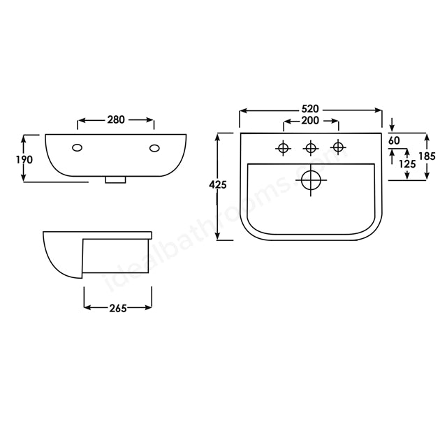 Black and white technical dimension drawing of a wall-mounted sink basin, showing front, side, and top-down views with measurements such as 425, 520, 190, and 265 on a white background.