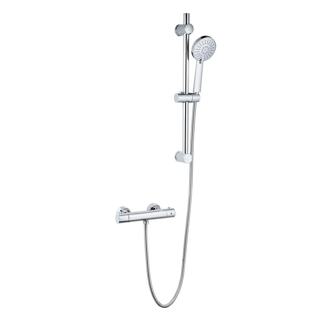 Kartell Chrome shower set with handheld shower head and control handle on a white background