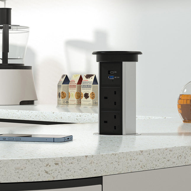 PowerTech Ascend Motorised Pop-Up Worktop Socket | 2 UK + USB-C PD, USB-A & 15W Qi | Silver | SycamoreLED