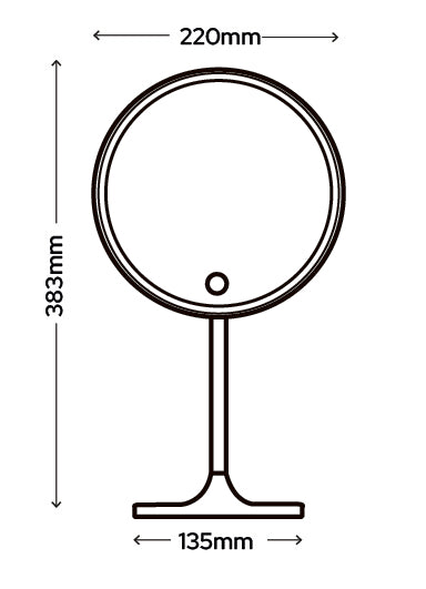Measurement chart of a round mirror with dimensions on a white background