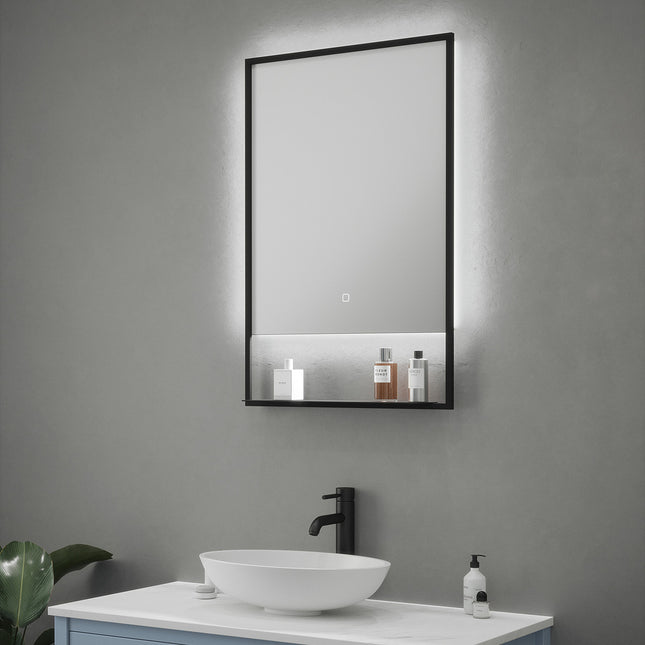 Urban Edge LED Mirror with Shelf | Black Frame | 500x700mm | Demister | IP44