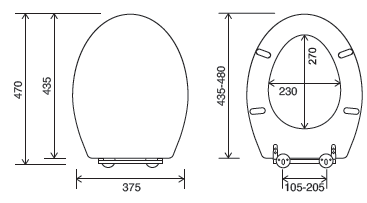 Measurement chart of a toilet seat with dimensions in millimeters.