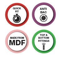 Set of circular icons with text and symbols related to product features.
