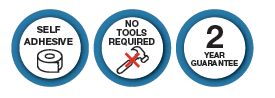 Three icons indicating self-adhesive property, no tools required, and a two-year guarantee.
