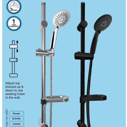 Euroshowers SilverJet 3-Spray Shower Slide Rail Set | 740mm Rail | Chrome or Black | Soap Dish | SKU 53820