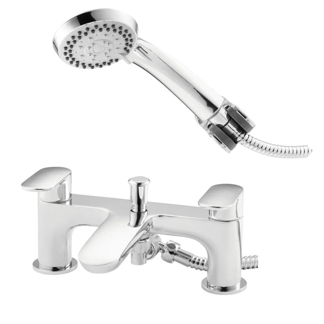 Chrome bathtub faucet with handheld shower head on a white background