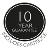 A circular black badge with a white border and white text reading '10 YEAR GUARANTEE' and 'INCLUDES CARTRIDGE'.