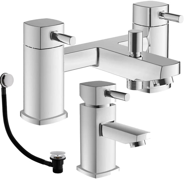 Chrome bathroom faucet set on a white background