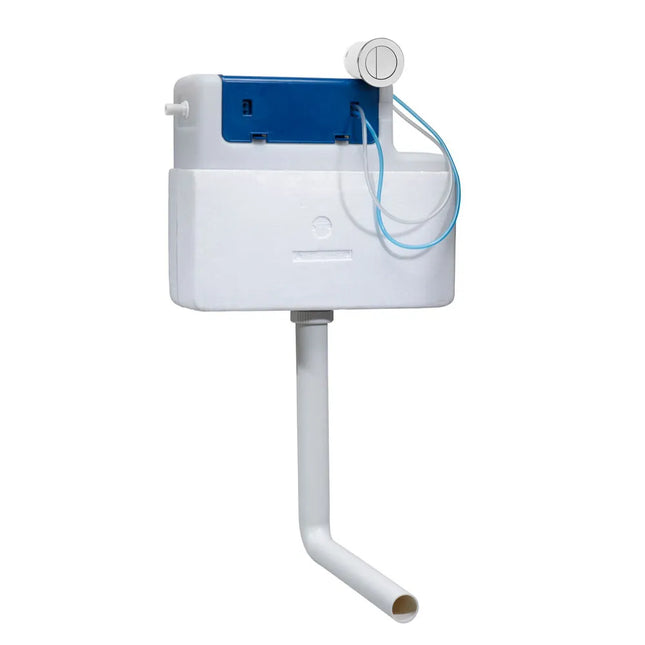 A white plastic toilet cistern tank with a blue fill valve cover, a white flush button, and a white downpipe, shown on a solid white background.