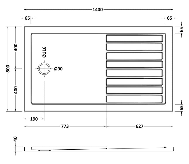 Hydro45 40mm Wetroom Shower Tray with Drying Area | 5 Sizes