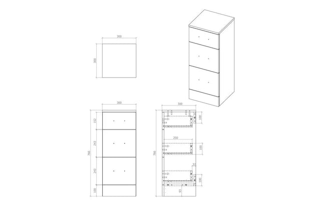 Turin Freestanding Bathroom Storage Unit 300mm - 3 Drawer & Door Options