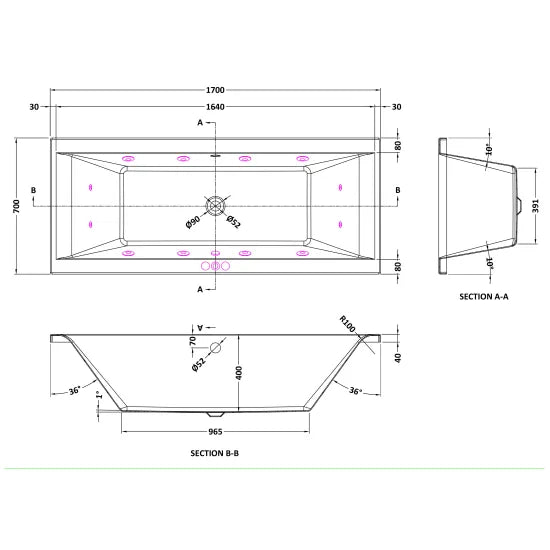 Nuie 1700mm Double Ended 12 Jet Whirlpool Bath | Gloss White Acrylic