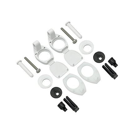 A set of white plastic and black rubber components with silver metal screws and bolts, arranged neatly on a solid white background.