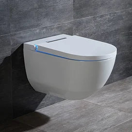 Wall-mounted toilet with a gray tiled wall background