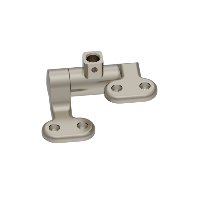 A brushed metallictoilet seat hing with a silver finish, featuring a central mounting hole and two flat mounting plates with screw holes, isolated on a white background.