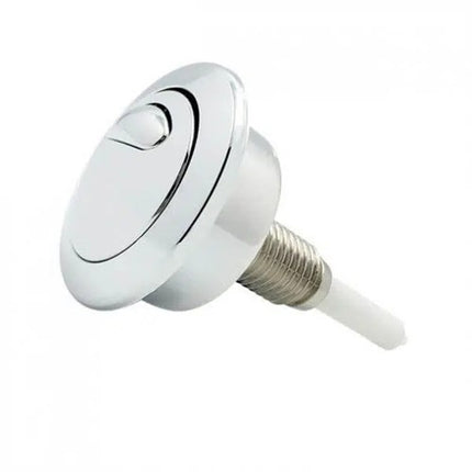 Chrome-plated toilet flush button on a white background