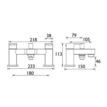 Dimensions of a bathroom faucet and handles on a white background