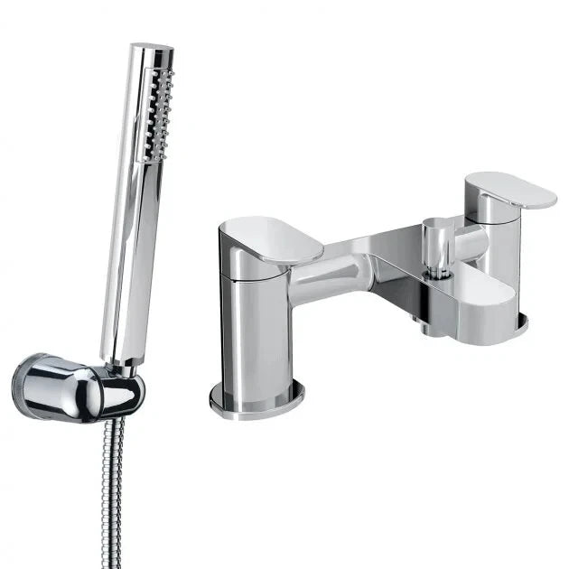 Chrome bath filler with handheld shower on a white background