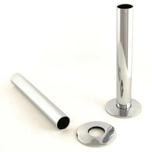 Chrome Radiator Valve Pipe Sleeve Kit - Pair with Floor Plates (300mm & 130mm) 130mm Set