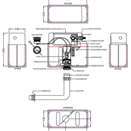 Nuie Pneumatic Dual Flush Concealed Cistern - Universal Access, Insulated, Chrome Plate